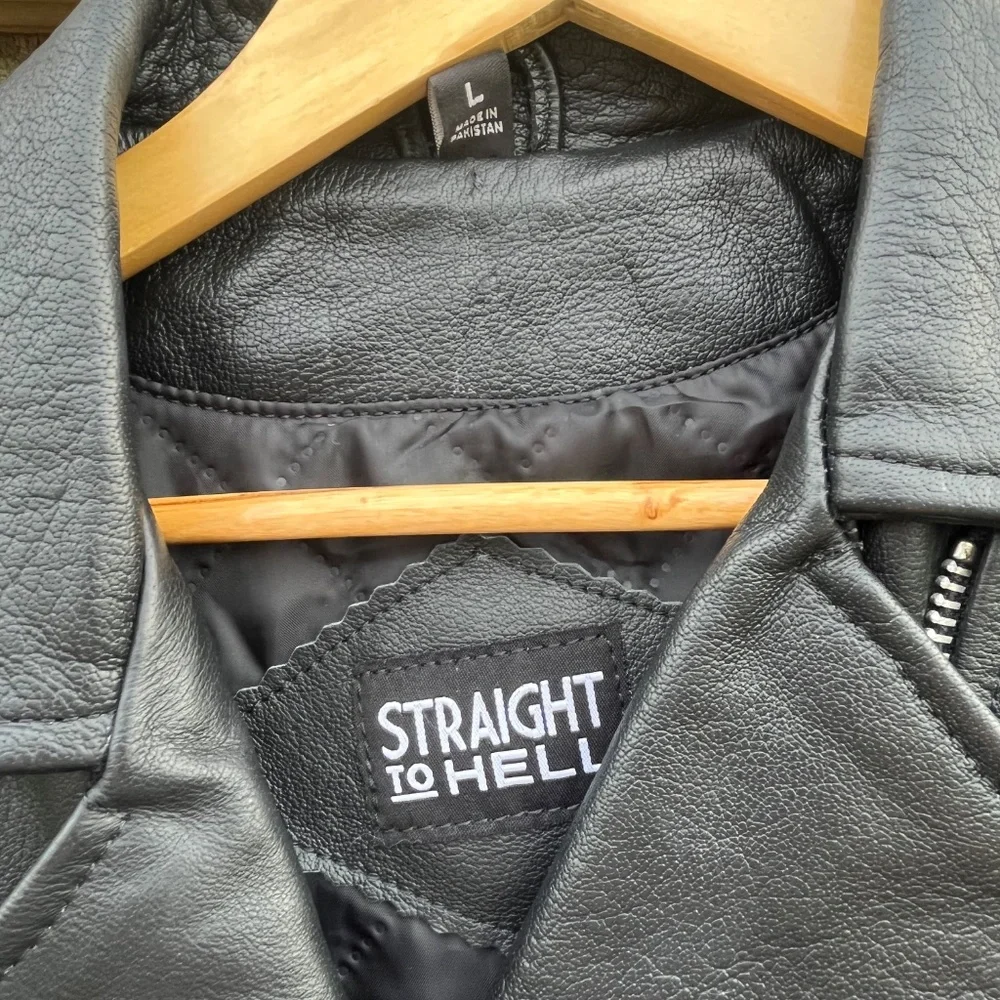 Straight To Hell Black Leather Moto Jacket Size L - Picture 3 of 12